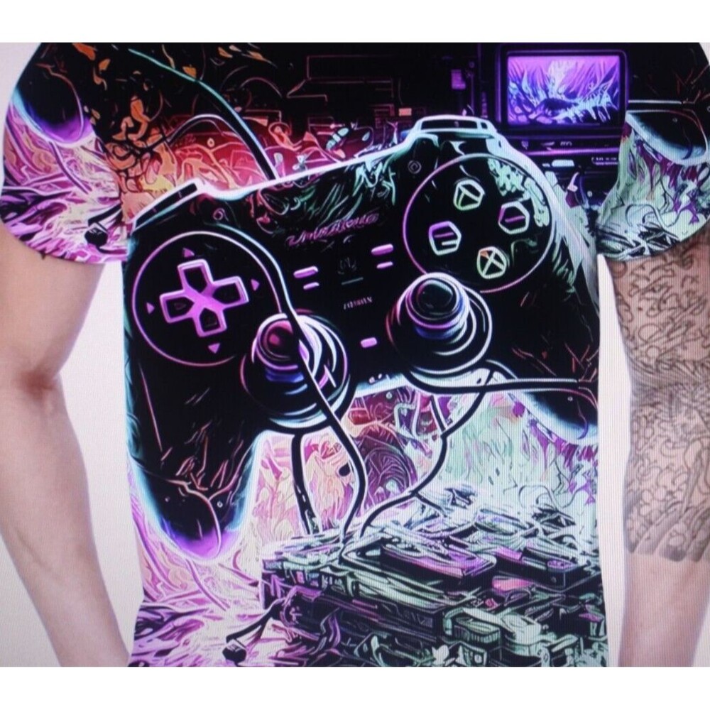 Mens Street Graffiti Gaming T-Shirt Sz S Colorful SS Crew Neck Outdoor Summer